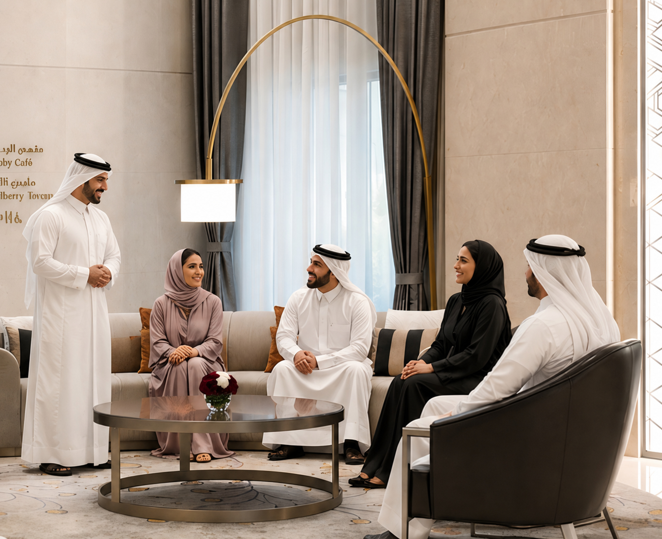 First Qatar consultants speaking with investors in a hotel lounge