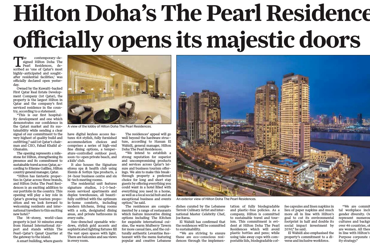 Gulf Times — Hilton Doha's The Pearl Residences officially opens its majestic doors