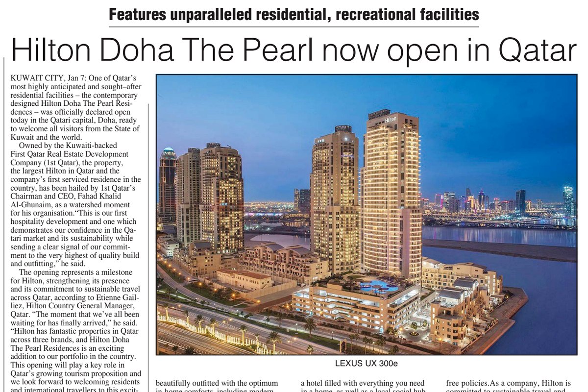 Arab Times — Hilton Doha The Pearl now open in Qatar